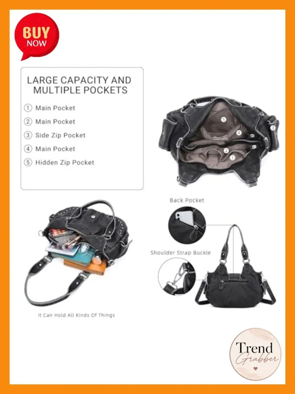 Vegan Leather Hobo Bag with Metal Studs - Large Capacity Shoulder Crossbody